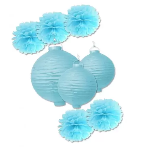DECORAZIONI FESTA FLUFFY POMPON 5 PZ + LANTERNE IN CARTA ( 2 DA 20 CM + 1 DA 30 CM )