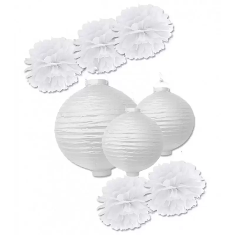 DECORAZIONI FESTA FLUFFY POMPON 5 PZ + LANTERNE IN CARTA ( 2 DA 20 CM + 1 DA 30 CM )