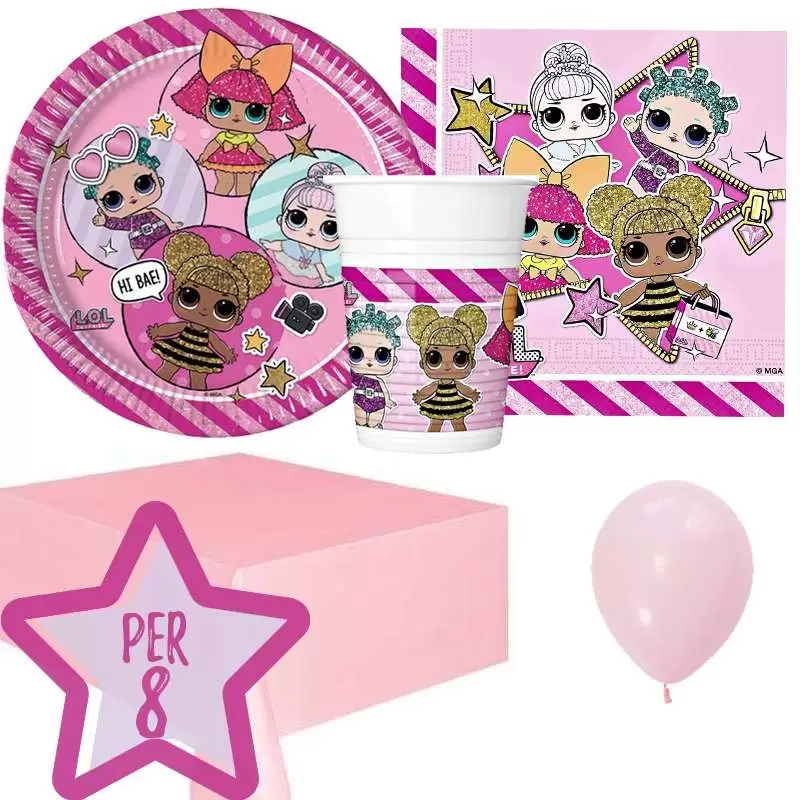 Kit n.21 LoL Surprise - set tavola con tovaglia rosa e palloncini