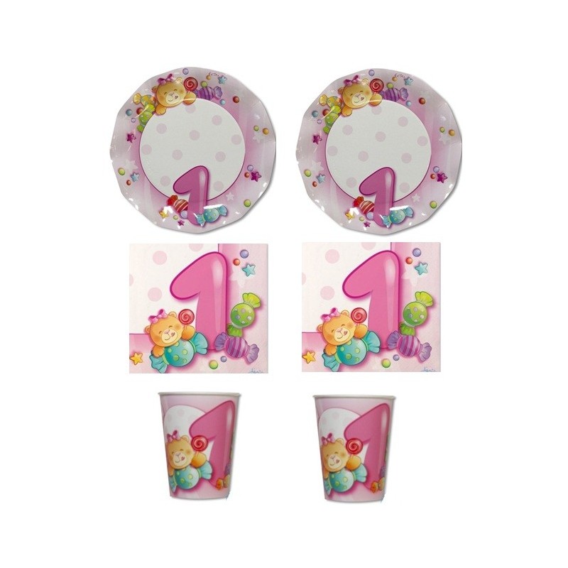 KIT N2 80 PZ COMPLEANNO BAMBINA 1 ANNO ROSA