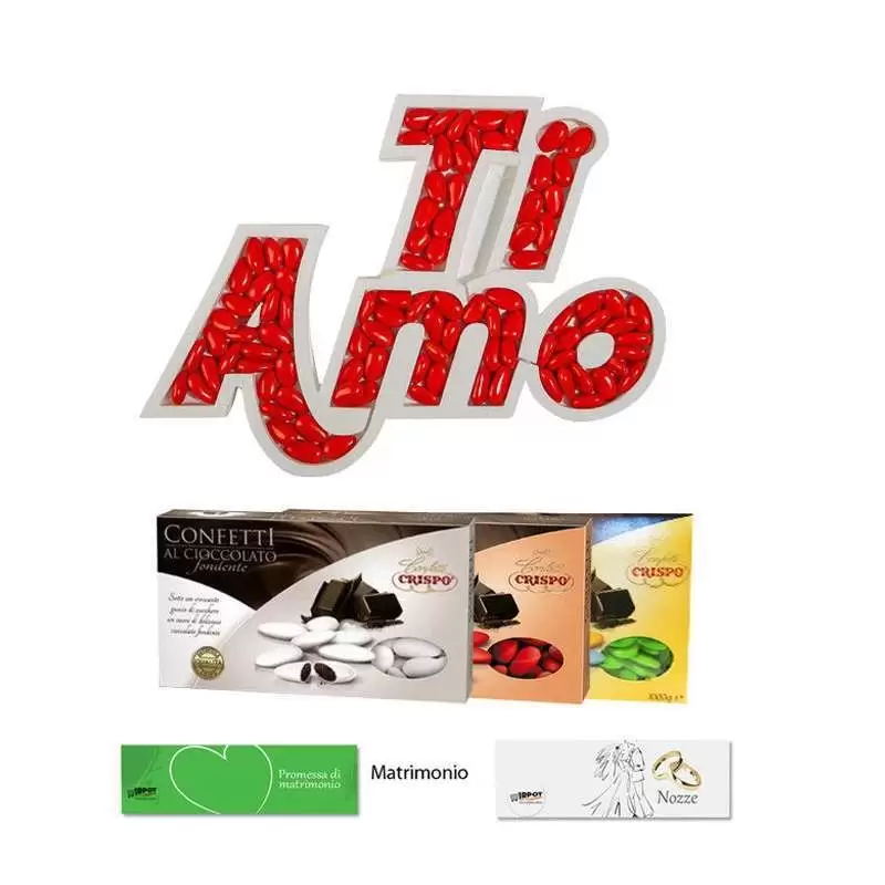 SCRITTA TI AMO POLISTIROLO PORTACONFETTI CON CRISPO CIOCCOLATO FONDENTE
