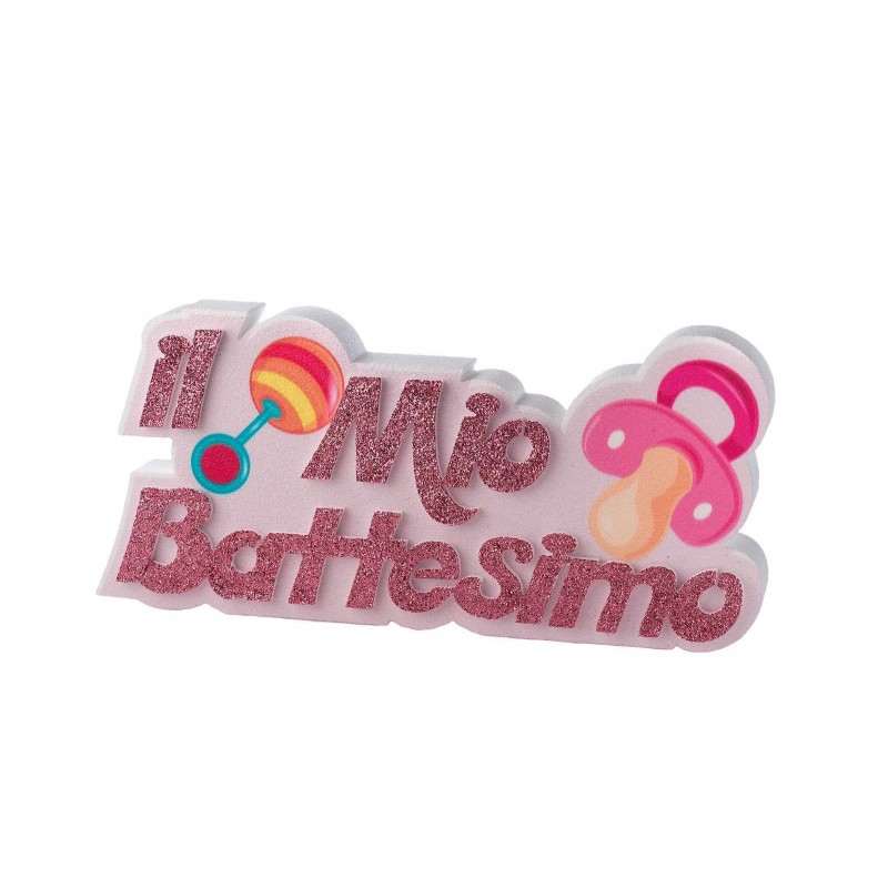 IL MIO BATTESIMO SONAGLIO E CIUCCIO IN POLISTIROLO ROSA