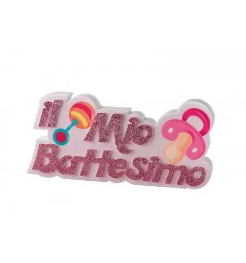 IL MIO BATTESIMO SONAGLIO E CIUCCIO IN POLISTIROLO ROSA