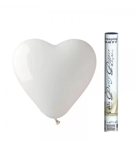 Tubi sparacoriandoli e 100 palloncini cuore bianchi