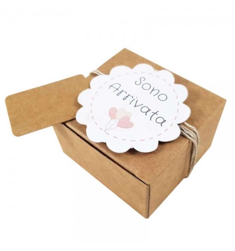 Scatolina avana e bigliettini fiore sono arrivata nascita bambina