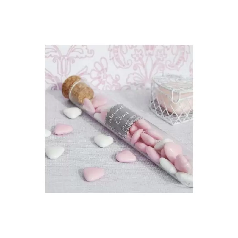 20 PROVETTE VETRO 15 CM + 500 GR CRISPO CUORICINI ROSA + 20 BIGLIETTINI BAMBINA