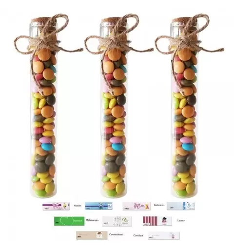 PROVETTE VETRO TAPPO SUGHERO 15 cm 20 pz. + 1 kg LENTICCHIE CIOCCOLATO MINI NEMBO