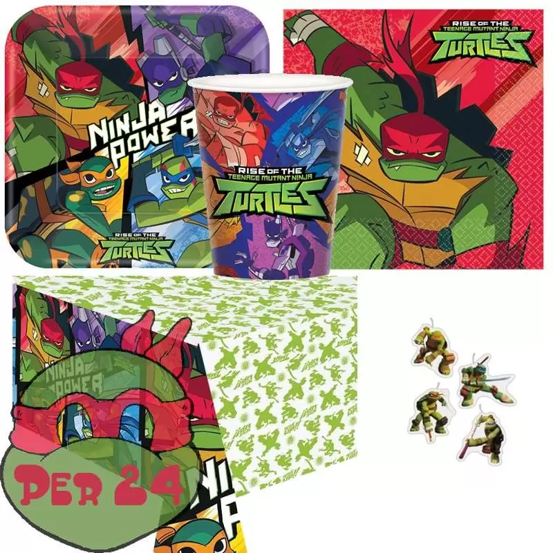 KIT N 24 COORDINATO TARTARUGHE NINJA CON CANDELINA SET COMPLEANNO BAMBINO