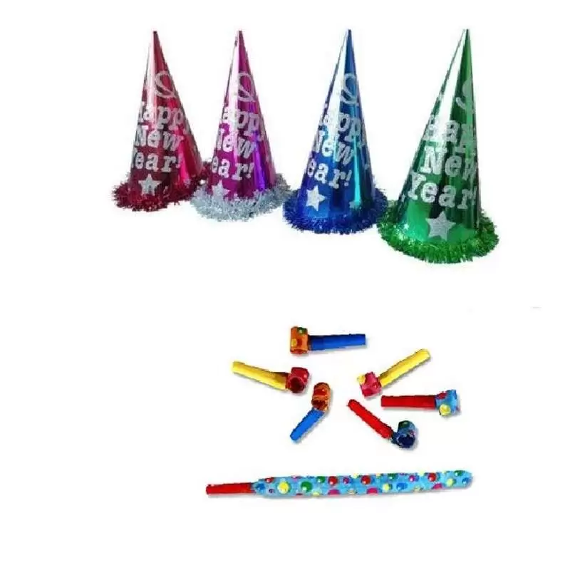 CAPPELLI BUON ANNO 1372 COLORI ASSORTI 10 PZ + 10 TROMBETTE SONORE