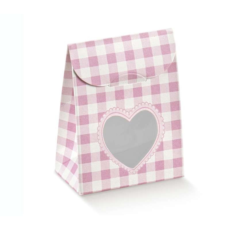 Scatolina sacchetto rosa a quadretti con finestra a cuore