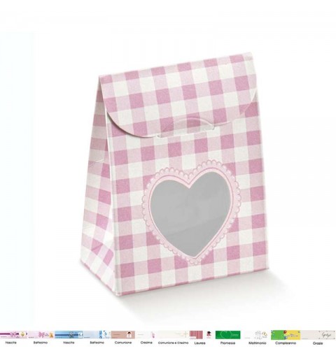 Scatolina sacchetto rosa a quadretti con finestra a cuore