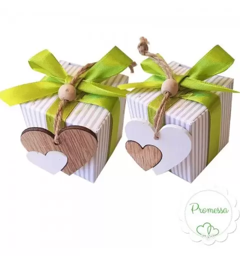 SCATOLINE STRISCE PROMESSA CON CUORI DI LEGNO BICOLORE - 20 PZ
