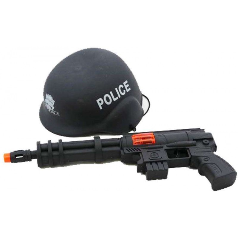 Set police giocattolo, mitragliatrice ed elmetto