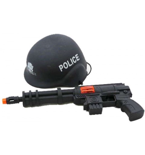 Set police giocattolo, mitragliatrice ed elmetto