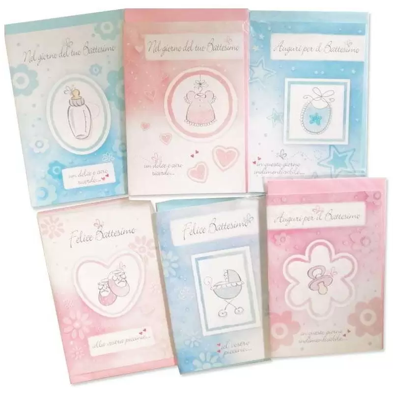 4 biglietti di auguri in modelli assortiti per il Battesimo di un bambino o di una bambina