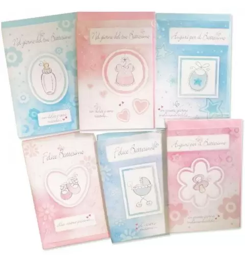 4 biglietti di auguri in modelli assortiti per il Battesimo di un bambino o di una bambina