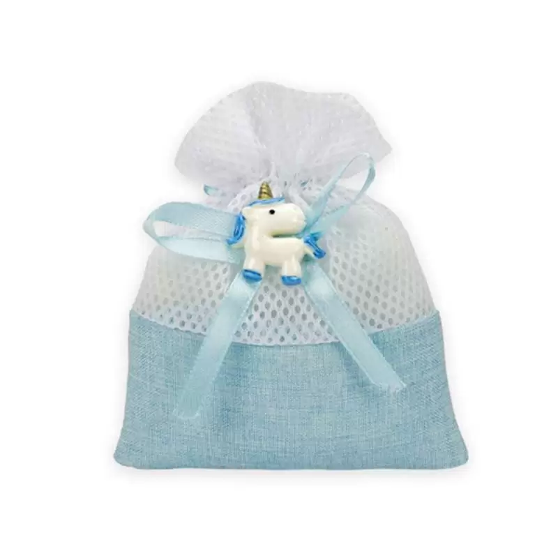 Sacchetti portaconfetti celeste con unicorno, bomboniera per bambino