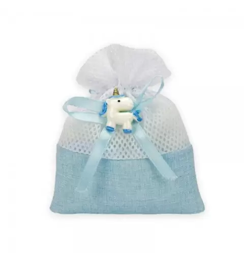 Sacchetti portaconfetti celeste con unicorno, bomboniera per bambino