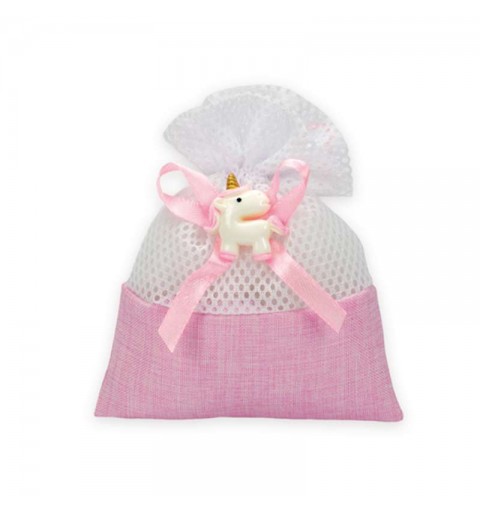 10 sacchetti portaconfetti rete con unicorno bianco e rosa