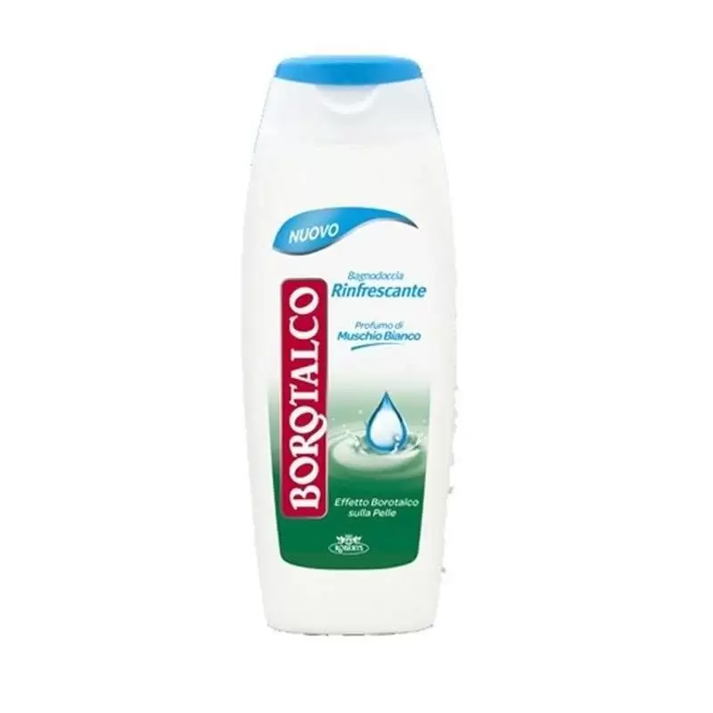 Bagnoschiuma muschio bianco  Un flacone da 500 ml di bagnoschiuma muschio bianco Borotalco