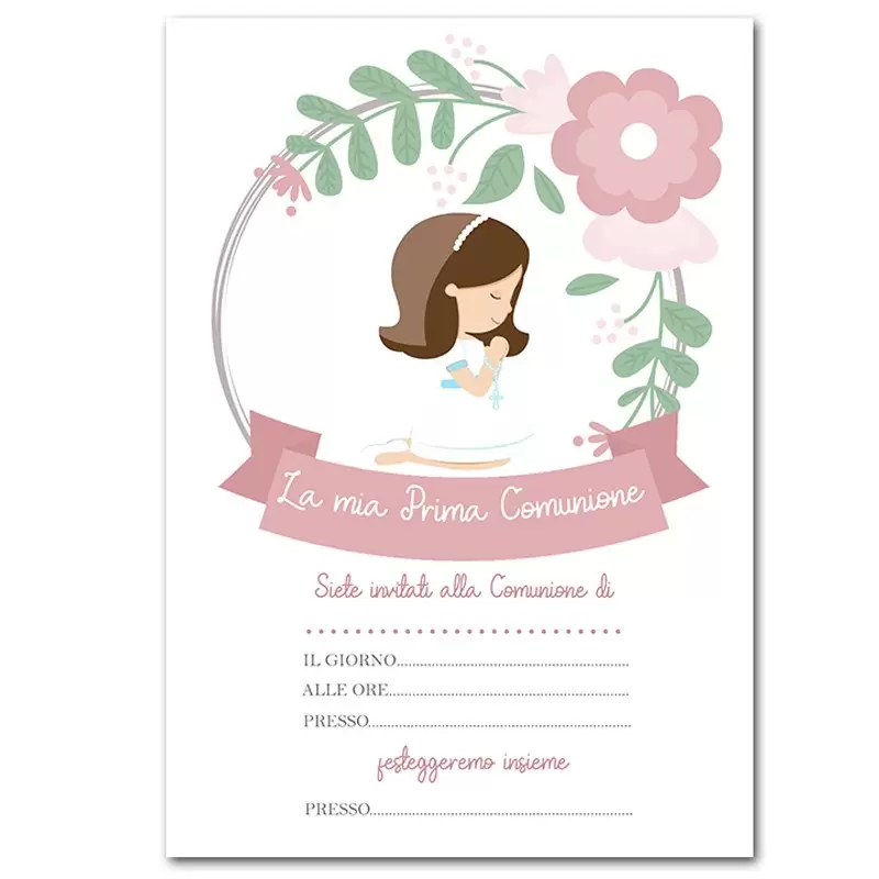 INVITO DI CARTA PRIMA COMUNIONE BAMBINA ROSA