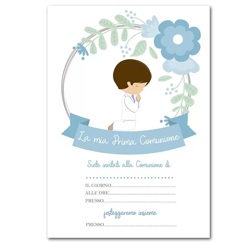 30 INVITO DI CARTA PRIMA COMUNIONE BAMBINO CELESTE