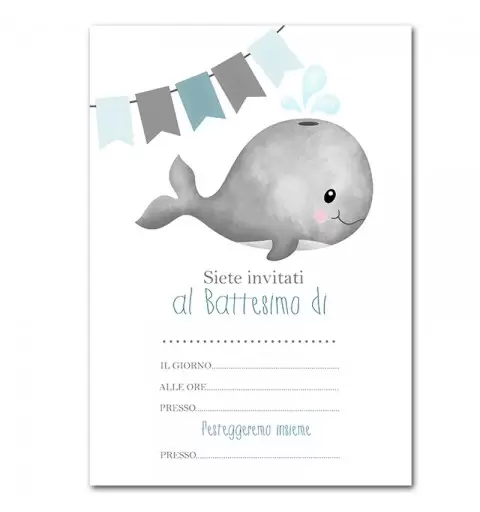 INVITO DI CARTA BATTESIMO A TEMA BALENA CELESTE