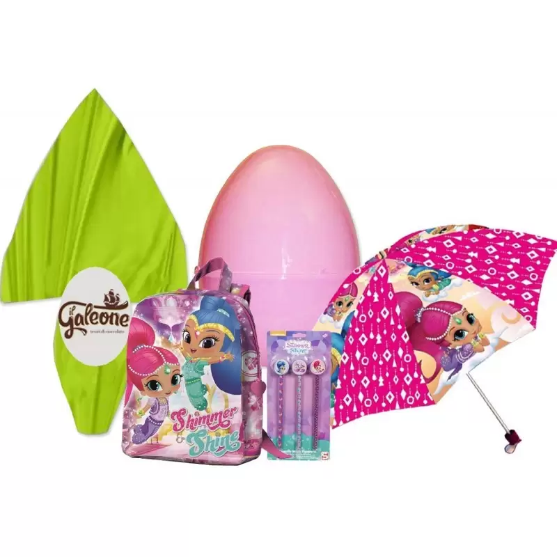 UOVO DI PASQUA SHIMMER E SHINE CON GUSCIO ROSA ZAINETTO OMBRELLO E MATITE N.7