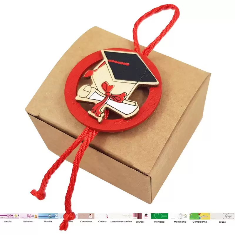 BOMBONIERE LAUREA CON SCATOLINE KRAFT E DECORAZIONI IN LEGNO - 24 PZ