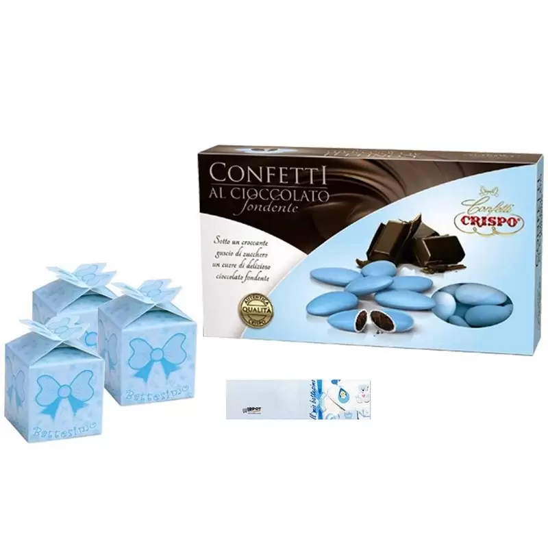 25 SCATOLINE CUBETTO BATTESIMO FIOCCO CELESTE CON CONFETTI CRISPO