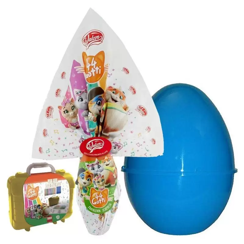 SET UOVO DI PASQUA 44 GATTI CON VALIGETTA DI TIMBRIBI E GUSCIO CELESTE