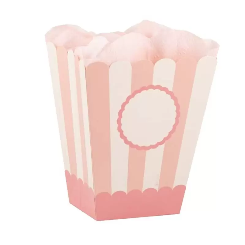 BOX PORTA POP CORN A RIGHE BIANCHE E ROSA - 4 PZ