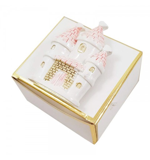 BOMBONIERE CASTELLO DELLE PRINCIPESSE ROSA CON SCATOLINE BIANCHE E ORO - 12 PZ