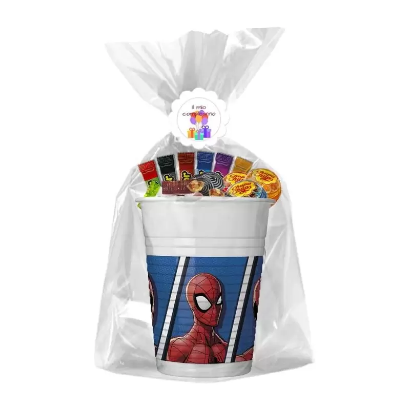 BICCHIERI SPIDERMAN CON DOLCETTI - 16 REGALINI FINE FESTA