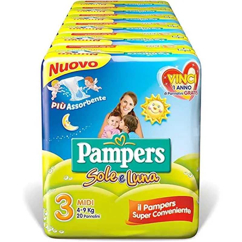 6 PACCHI PANNOLINI PAMPERS SOLE E LUNA TAGLIA 3 120 PEZZI