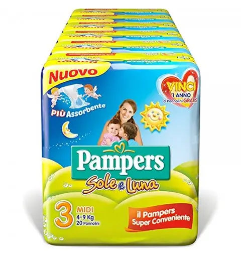 6 PACCHI PANNOLINI PAMPERS SOLE E LUNA TAGLIA 3 120 PEZZI
