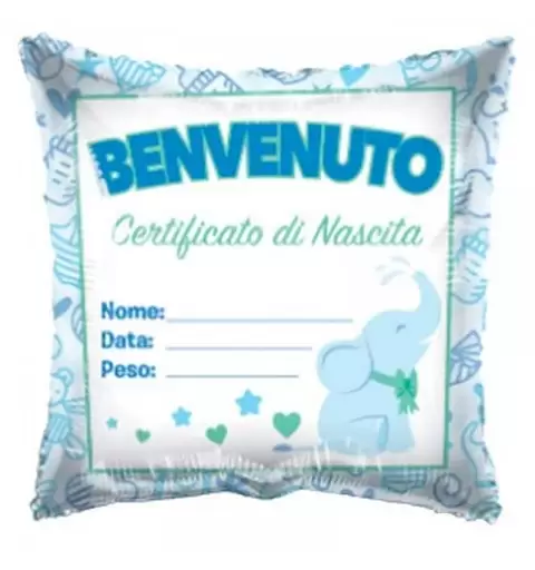PALLONCINO FOIL BENVENUTO CERTIFICATO DI NASCITA ELEFANTINO CELESTE