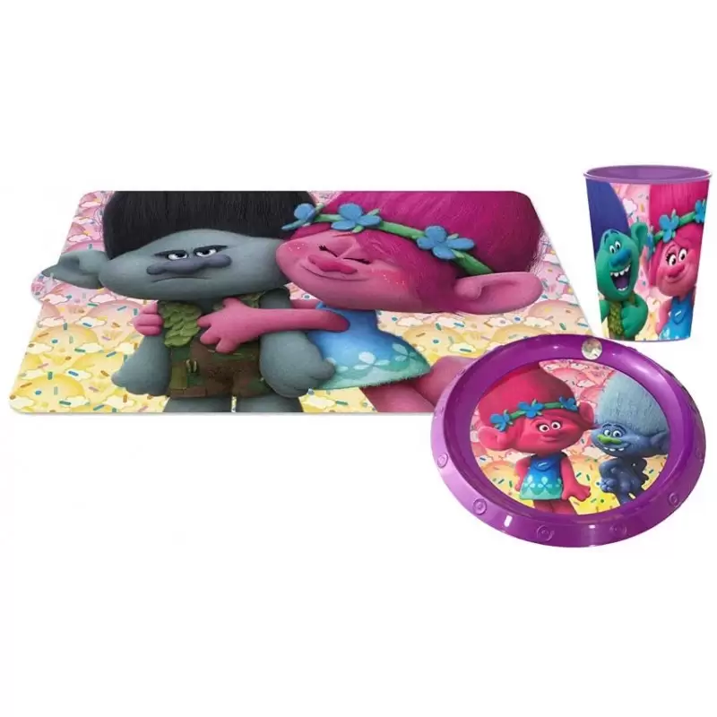 SET ACCESSORI PAPPA TROLLS - PIATTO TOVAGLIETTA E BICCHIERE