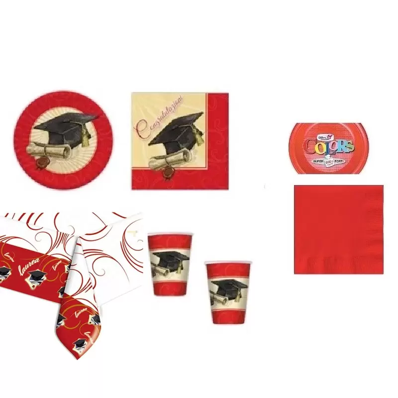 KIT N.7 COORDINATO TAVOLA LAUREA ROSSO + MONOCOLORE ROSSO