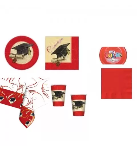 KIT N.7 COORDINATO TAVOLA LAUREA ROSSO + MONOCOLORE ROSSO