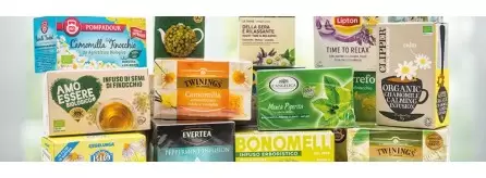 Tisane, infusi, bevande calde e fredde, gusti assortiti, tropicali e classici