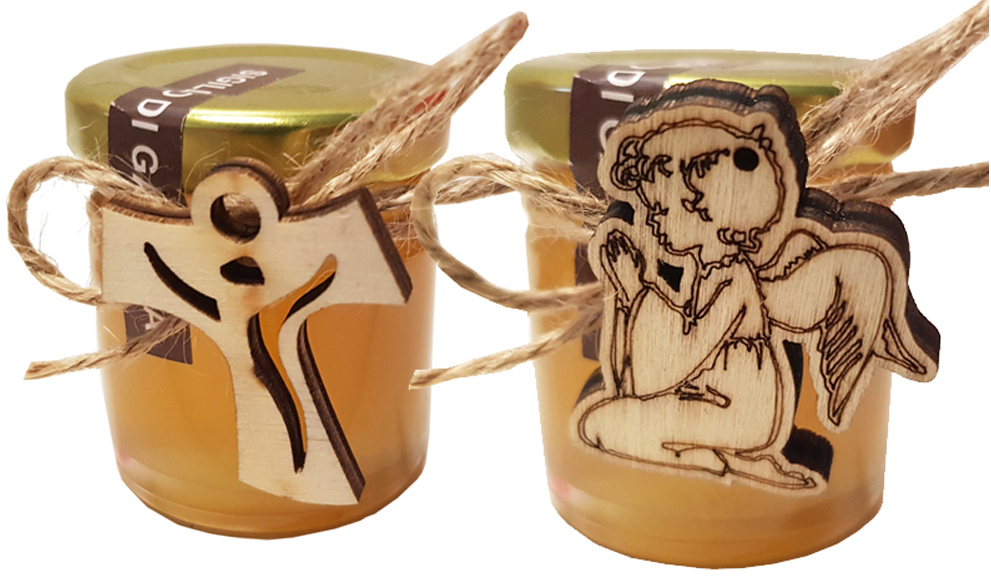 Bomboniera Santa Cresima in vasetti miele, decorazione TAO in